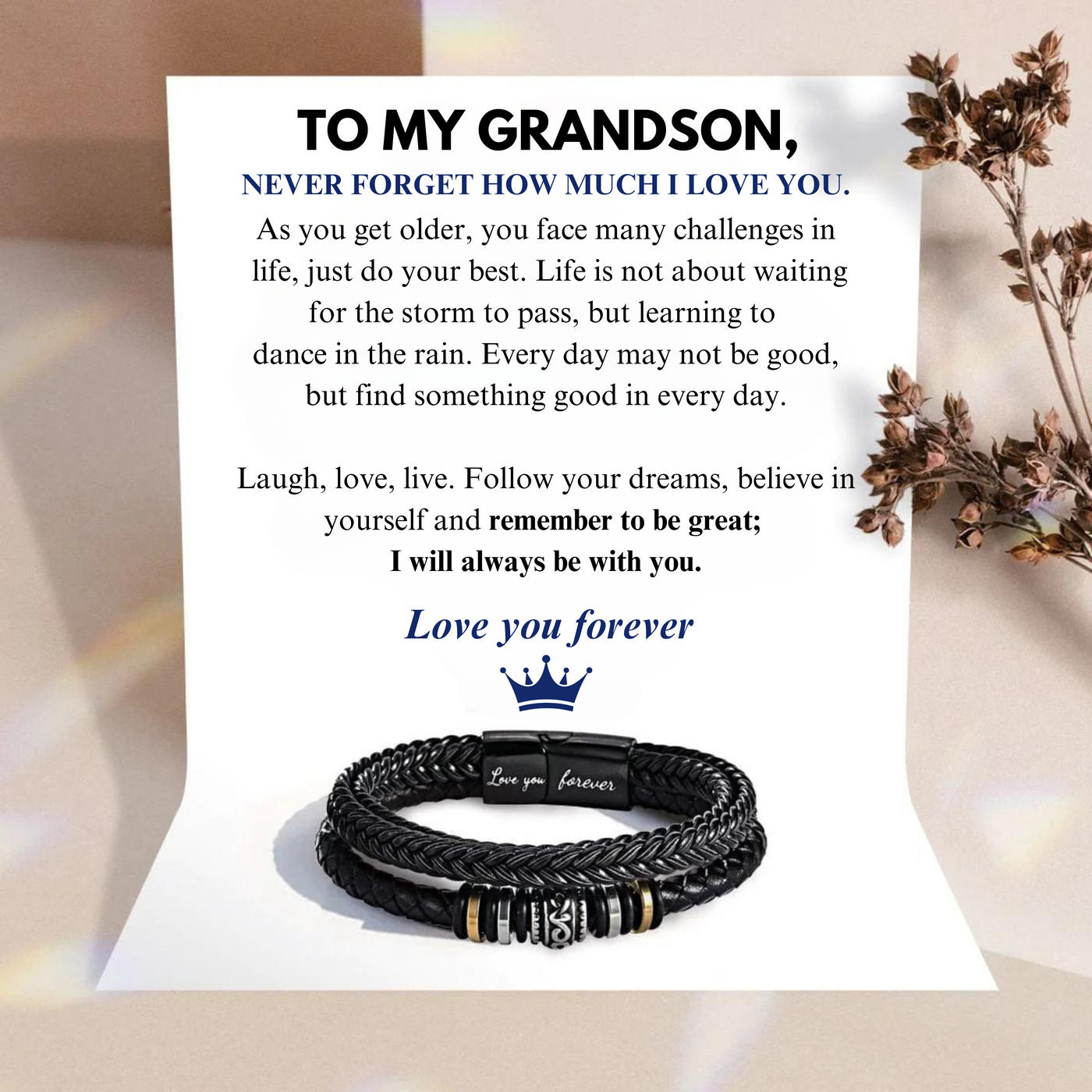 To My Grandson - I Will Always Be With You - Leather Bracelet